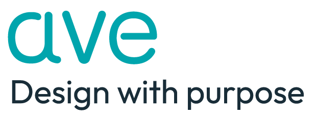 Teal lowercase word ‘ave’ in a rounded modern font, with the tagline ‘Design with purpose’ in dark grey beneath it.